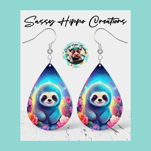 Earrings Neon Sloth Colorful Flowers Hand Sublimated Printed on MDF Hook Backs